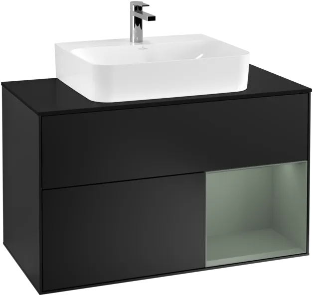 VILLEROY BOCH Toaletní skříňka Finion, s osvětlením, 2 výsuvy, 1000 x 603 x 501 mm, černý matný lak / olivový matný lak / černé matné sklo #F122GMPD, obrázek 1