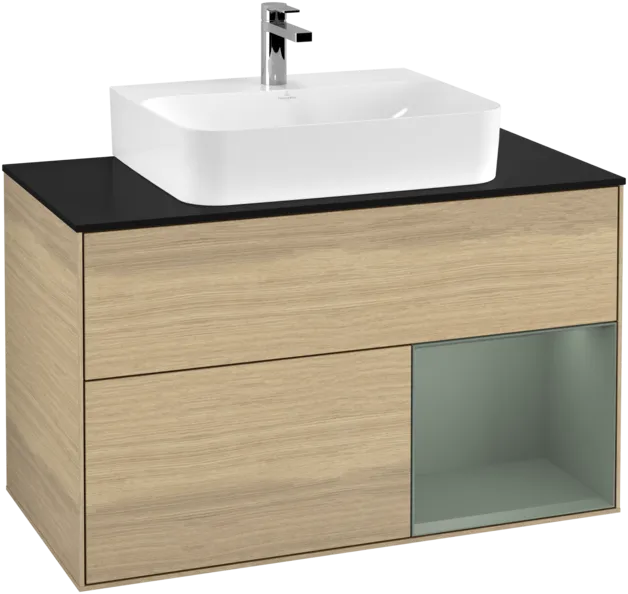 VILLEROY BOCH Toaletní skříňka Finion, s osvětlením, 2 výsuvy, 1000 x 603 x 501 mm, dubová dýha / olivově matný lak / sklo černé matné #F122GMPC