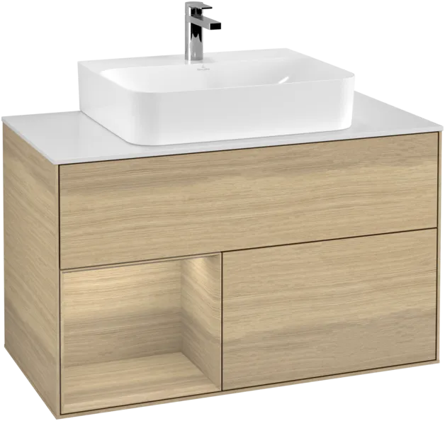 VILLEROY BOCH Toaletní skříňka Finion, s osvětlením, 2 výsuvy, 1000 x 603 x 501 mm, dubová dýha / dubová dýha / sklo bílé matné #F111PCPC