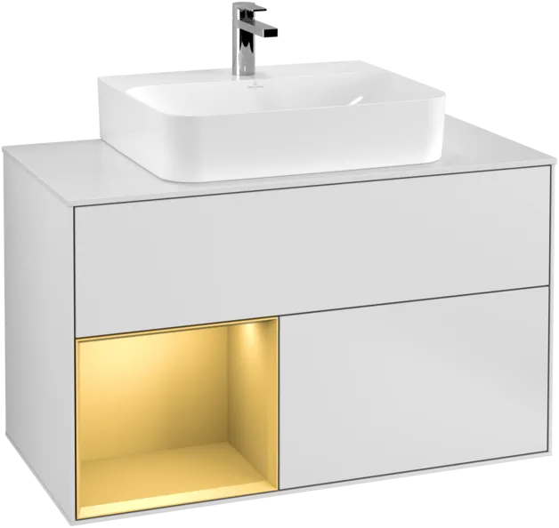 VILLEROY BOCH Toaletní skříňka Finion, s osvětlením, 2 výsuvy, 1000 x 603 x 501 mm, bílý matný lak / zlatý matný lak / sklo bílé matné #F111HFMT, obrázek 1