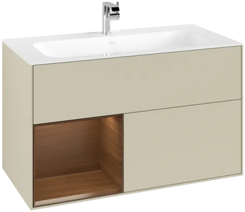VILLEROY BOCH Toaletní skříňka Finion, s osvětlením, 2 výsuvy, 996 x 591 x 498 mm, hedvábně šedý matný lak / ořechová dýha #F030GNHJ