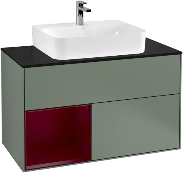 VILLEROY BOCH Toaletní skříňka Finion, s osvětlením, 2 výsuvy, 1000 x 603 x 501 mm, olivový matný lak / pivoňkový matný lak / černé matné sklo #F112HBGM, obrázek 1