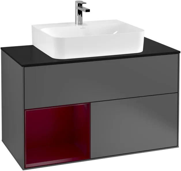 VILLEROY BOCH Toaletní skříňka Finion, s osvětlením, 2 výsuvy, 1000 x 603 x 501 mm, antracitový matný lak / pivoňkový matný lak / černé matné sklo #F112HBGK