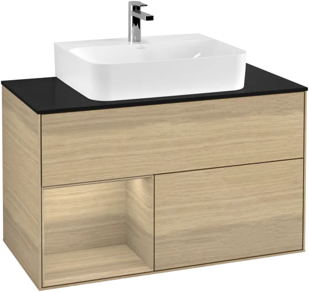 VILLEROY BOCH Toaletní stolek Finion, s osvětlením, 2 výsuvy, 1000 x 603 x 501 mm, dubová dýha / dubová dýha / sklo černé matné #F112PCPC, obrázek 1
