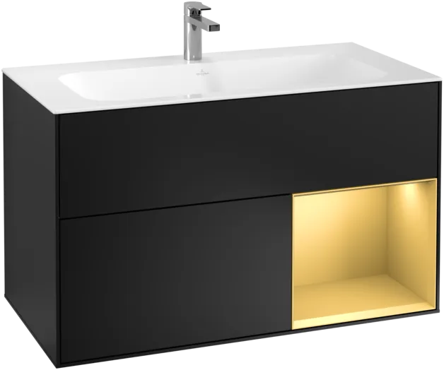 VILLEROY BOCH Toaletní skříňka Finion, s osvětlením, 2 výsuvy, 996 x 591 x 498 mm, černý matný lak / zlatý matný lak #F040HFPD