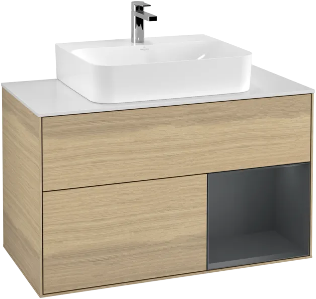 VILLEROY BOCH Toaletní skříňka Finion, s osvětlením, 2 výsuvy, 1000 x 603 x 501 mm, dubová dýha / půlnočně modrý matný lak / bílé matné sklo #F121HGPC