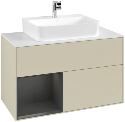 VILLEROY BOCH Toaletní skříňka Finion, s osvětlením, 2 výsuvy, 1000 x 603 x 501 mm, Silk Grey Matt Lacquer / Gold Matt Lacquer / Glass White Matt #F111HFHJ