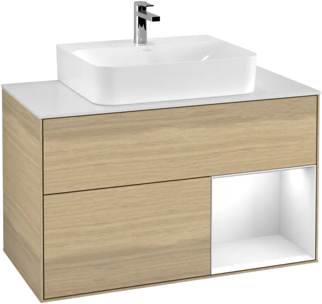 VILLEROY BOCH Toaletní stolek Finion, s osvětlením, 2 výsuvy, 1000 x 603 x 501 mm, dubová dýha / lesklý bílý lak / sklo bílé matné #F121GFPC