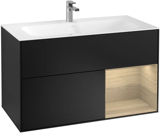 VILLEROY BOCH Toaletní skříňka Finion, s osvětlením, 2 výsuvy, 996 x 591 x 498 mm, černý matný lak / dubová dýha #F040PCPD