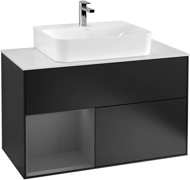 VILLEROY BOCH Toaletní skříňka Finion, s osvětlením, 2 výsuvy, 1000 x 603 x 501 mm, černý matný lak / antracitový matný lak / bílé matné sklo #F111GKPD