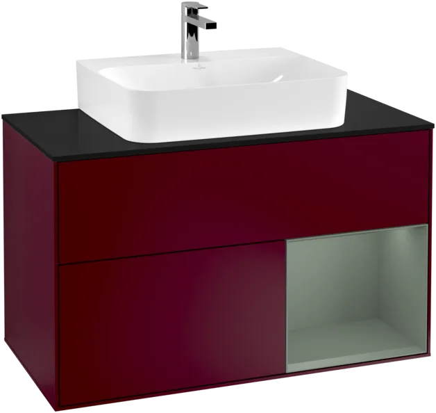VILLEROY BOCH Toaletní skříňka Finion, s osvětlením, 2 výsuvy, 1000 x 603 x 501 mm, Pivoňka matný lak / Olivový matný lak / Sklo černé matné #F122GMHB