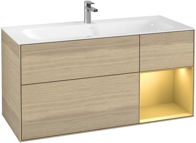 VILLEROY BOCH Toaletní skříňka Finion, s osvětlením, 3 výsuvy, 1196 x 591 x 498 mm, dubová dýha / zlatý matný lak #F070HFPC