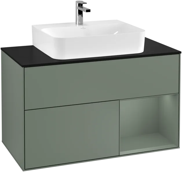 VILLEROY BOCH Toaletní skříňka Finion, s osvětlením, 2 výsuvy, 1000 x 603 x 501 mm, olivově matný lak / olivově matný lak / sklo černé matné #F122GMGM