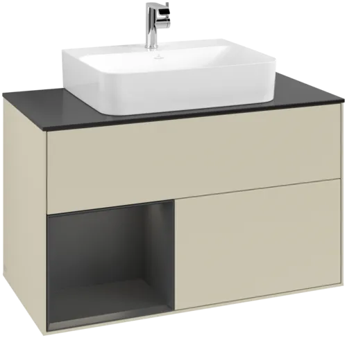 VILLEROY BOCH Toaletní skříňka Finion, s osvětlením, 2 výsuvy, 1000 x 603 x 501 mm, hedvábně šedý matný lak / dubová dýha / černé matné sklo #F112PCHJ