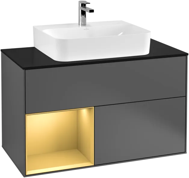 VILLEROY BOCH Toaletní skříňka Finion, s osvětlením, 2 výsuvy, 1000 x 603 x 501 mm, antracit matný lak / zlatý matný lak / černé matné sklo #F112HFGK, obrázek 1
