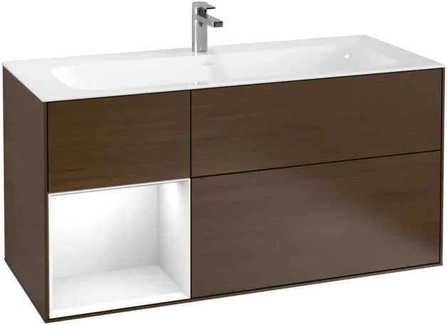 VILLEROY BOCH Toaletní skříňka Finion, s osvětlením, 3 výsuvy, 1196 x 591 x 498 mm, ořechová dýha / lesklý bílý lak #F060GFGN