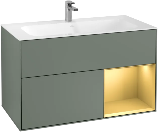 VILLEROY BOCH Toaletní skříňka Finion, s osvětlením, 2 výsuvy, 996 x 591 x 498 mm, olivový matný lak / zlatý matný lak #F040HFGM