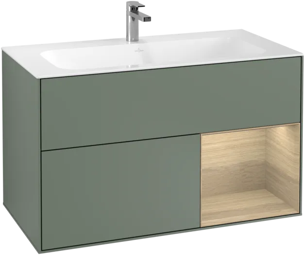 VILLEROY BOCH Toaletní skříňka Finion, s osvětlením, 2 výsuvy, 996 x 591 x 498 mm, olivově matný lak / dubová dýha #F040PCGM