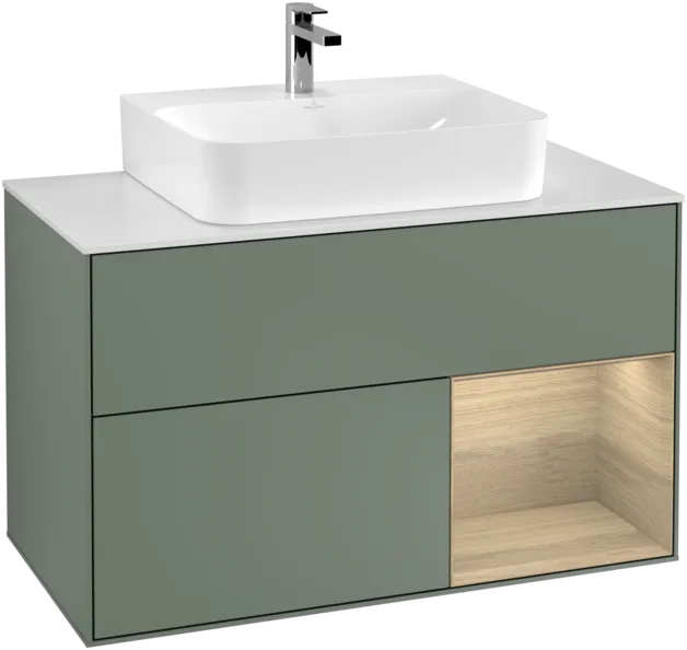 VILLEROY BOCH Toaletní skříňka Finion, s osvětlením, 2 výsuvy, 1000 x 603 x 501 mm, olivový matný lak / dubová dýha / sklo bílé matné #F121PCGM, obrázek 1