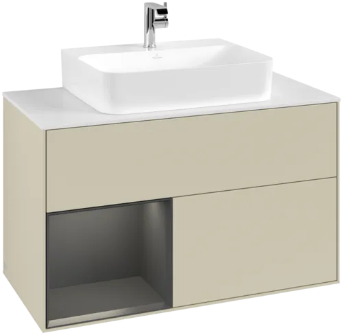 VILLEROY BOCH Toaletní skříňka Finion, s osvětlením, 2 výsuvy, 1000 x 603 x 501 mm, hedvábně šedý matný lak / antracitový matný lak / bílé matné sklo #F111GKHJ