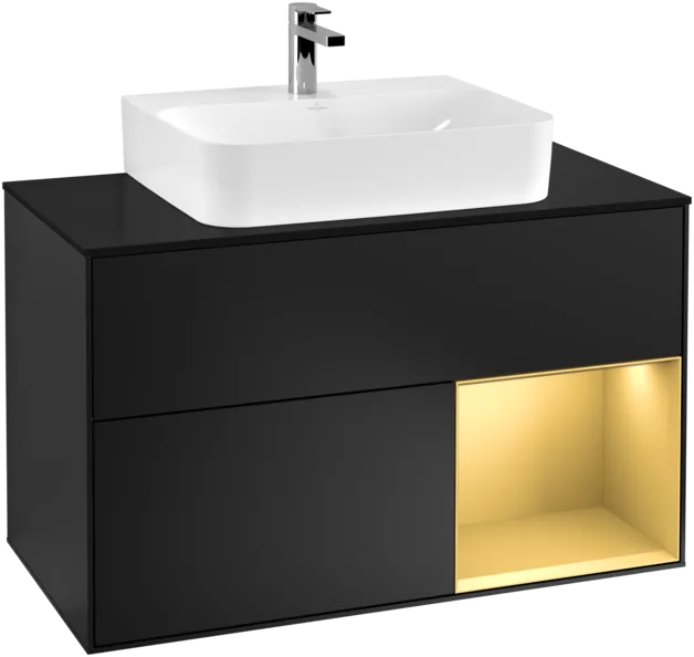 VILLEROY BOCH Toaletní skříňka Finion, s osvětlením, 2 výsuvy, 1000 x 603 x 501 mm, černý matný lak / zlatý matný lak / černé matné sklo #F122HFPD, obrázek 1