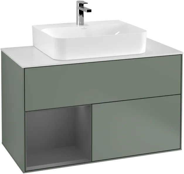 VILLEROY BOCH Toaletní skříňka Finion, s osvětlením, 2 výsuvy, 1000 x 603 x 501 mm, olivový matný lak / antracitový matný lak / bílé matné sklo #F111GKGM