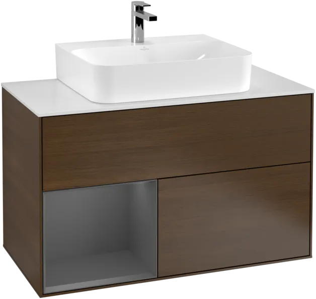 VILLEROY BOCH Toaletní skříňka Finion, s osvětlením, 2 výsuvy, 1000 x 603 x 501 mm, ořechová dýha / antracitový matný lak / bílé matné sklo #F111GKGN