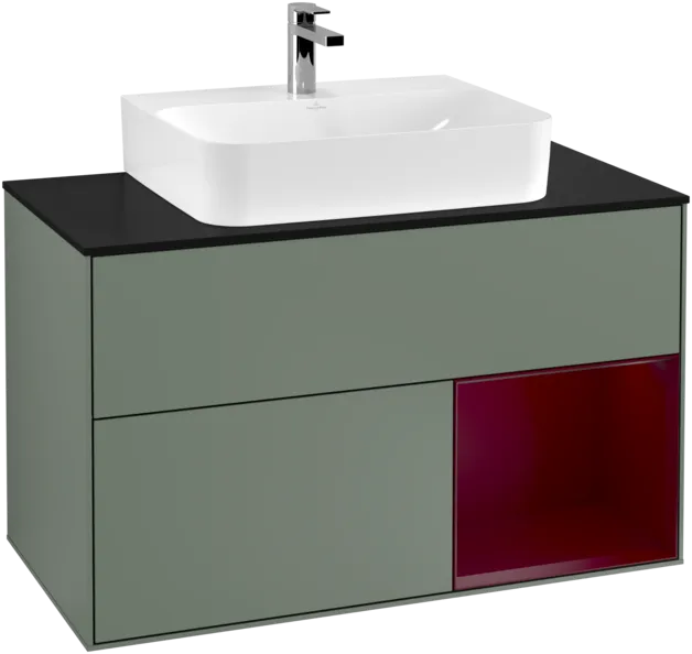 VILLEROY BOCH Toaletní skříňka Finion, s osvětlením, 2 výsuvy, 1000 x 603 x 501 mm, olivový matný lak / pivoňkový matný lak / černé matné sklo #F122HBGM