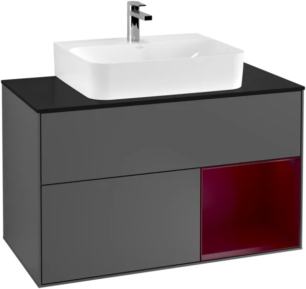 VILLEROY BOCH Toaletní skříňka Finion, s osvětlením, 2 výsuvy, 1000 x 603 x 501 mm, antracitový matný lak / pivoňkový matný lak / černé matné sklo #F122HBGK