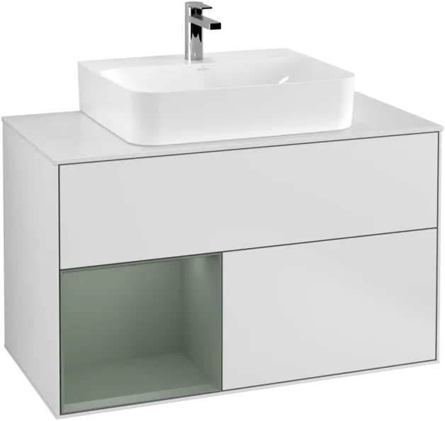 VILLEROY BOCH Toaletní skříňka Finion, s osvětlením, 2 výsuvy, 1000 x 603 x 501 mm, bílý matný lak / olivový matný lak / bílé matné sklo #F111GMMT