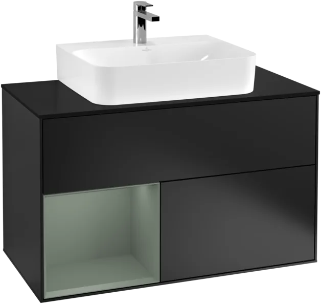VILLEROY BOCH Toaletní skříňka Finion, s osvětlením, 2 výsuvy, 1000 x 603 x 501 mm, černý matný lak / olivový matný lak / černé matné sklo #F112GMPD