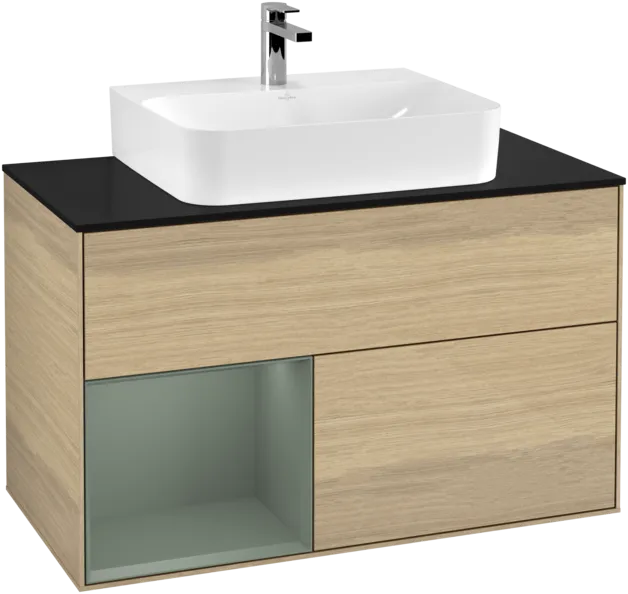 VILLEROY BOCH Toaletní skříňka Finion, s osvětlením, 2 výsuvy, 1000 x 603 x 501 mm, dubová dýha / olivově matný lak / sklo černé matné #F112GMPC