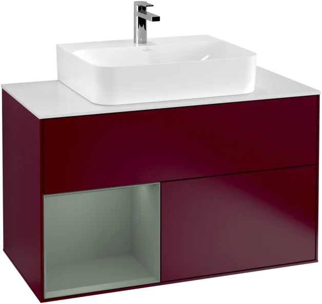 VILLEROY BOCH Toaletní skříňka Finion, s osvětlením, 2 výsuvy, 1000 x 603 x 501 mm, Pivoňka matný lak / Olivový matný lak / Sklo bílé matné #F111GMHB, obrázek 1