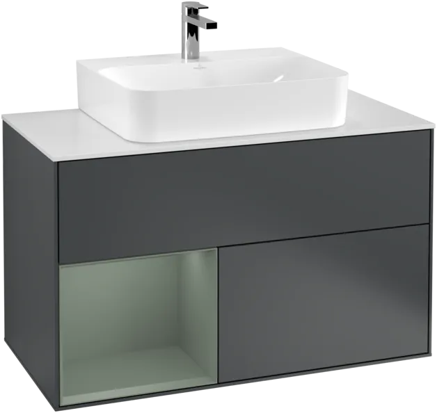 VILLEROY BOCH Toaletní skříňka Finion, s osvětlením, 2 výsuvy, 1000 x 603 x 501 mm, Midnight Blue Matt Lacquer / Olive Matt Lacquer / Glass White Matt #F111GMHG, obrázek 1