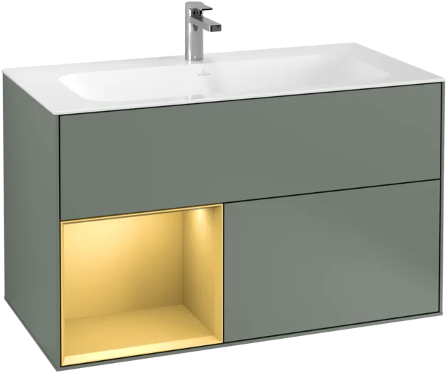 VILLEROY BOCH Toaletní skříňka Finion, s osvětlením, 2 výsuvy, 996 x 591 x 498 mm, olivový matný lak / zlatý matný lak #F030HFGM
