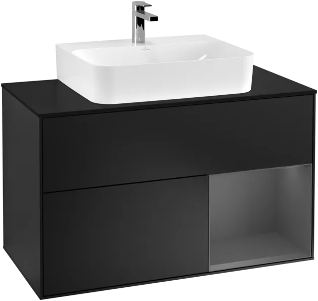 VILLEROY BOCH Toaletní skříňka Finion, s osvětlením, 2 výsuvy, 1000 x 603 x 501 mm, černý matný lak / antracitový matný lak / černé matné sklo #F122GKPD
