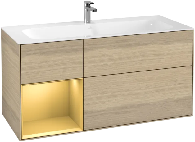 VILLEROY BOCH Toaletní skříňka Finion, s osvětlením, 3 výsuvy, 1196 x 591 x 498 mm, dubová dýha / zlatý matný lak #F060HFPC