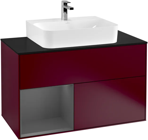 VILLEROY BOCH Toaletní skříňka Finion, s osvětlením, 2 výsuvy, 1000 x 603 x 501 mm, Pivoňka matný lak / Antracit matný lak / Sklo černé matné #F112GKHB