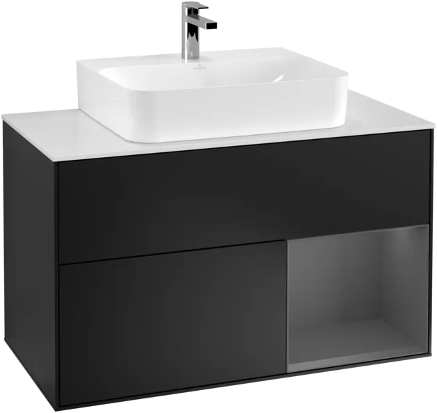 VILLEROY BOCH Toaletní skříňka Finion, s osvětlením, 2 výsuvy, 1000 x 603 x 501 mm, černý matný lak / antracitový matný lak / bílé matné sklo #F121GKPD