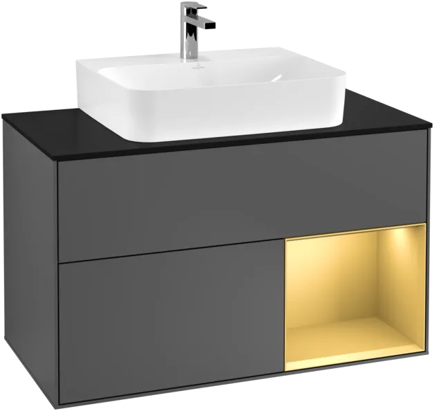 VILLEROY BOCH Toaletní skříňka Finion, s osvětlením, 2 výsuvy, 1000 x 603 x 501 mm, antracit matný lak / zlatý matný lak / černé matné sklo #F122HFGK