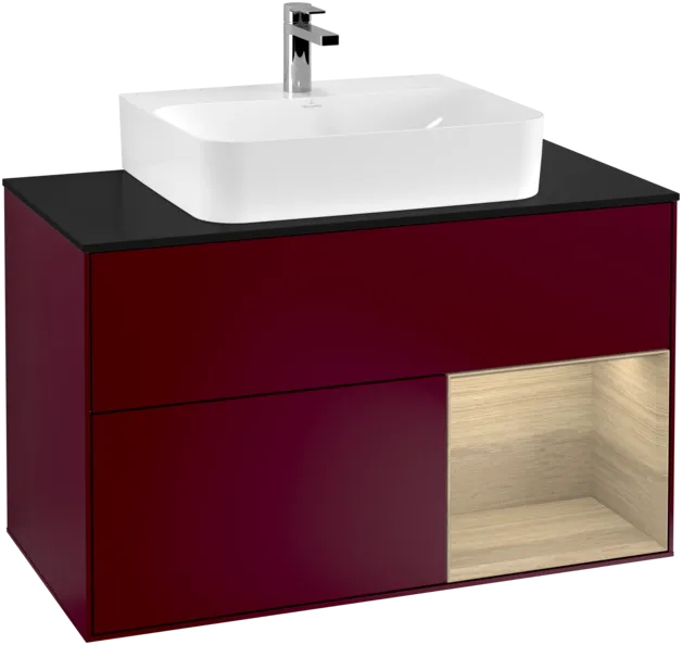 VILLEROY BOCH Toaletní stolek Finion, s osvětlením, 2 výsuvy, 1000 x 603 x 501 mm, matný lak Peony / dubová dýha / černé matné sklo #F122PCHB