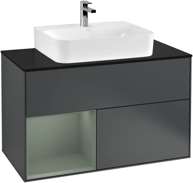 VILLEROY BOCH Toaletní skříňka Finion, s osvětlením, 2 výsuvy, 1000 x 603 x 501 mm, Midnight Blue Matt Lacquer / Olive Matt Lacquer / Glass Black Matt #F112GMHG