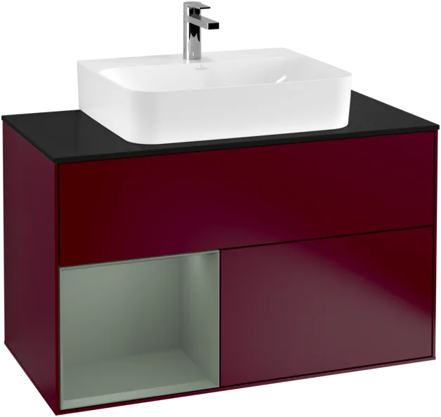 VILLEROY BOCH Toaletní skříňka Finion, s osvětlením, 2 výsuvy, 1000 x 603 x 501 mm, Pivoňka matný lak / Olivový matný lak / Sklo černé matné #F112GMHB