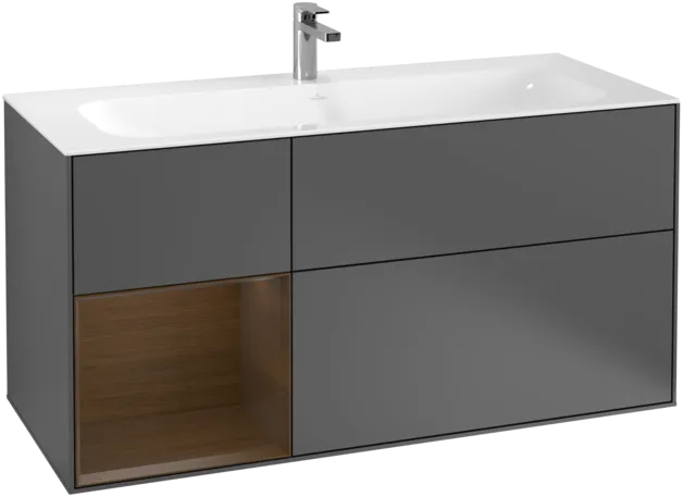 VILLEROY BOCH Toaletní skříňka Finion, s osvětlením, 3 výsuvy, 1196 x 591 x 498 mm, antracitový matný lak / ořechová dýha #F060GNGK