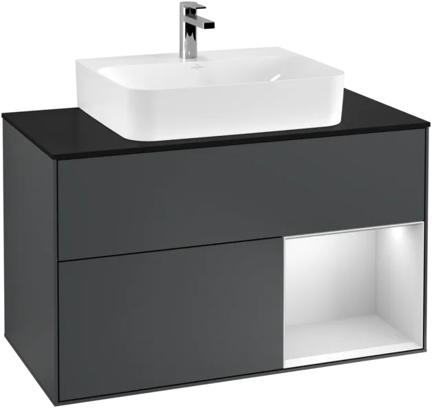 VILLEROY BOCH Toaletní skříňka Finion, s osvětlením, 2 výsuvy, 1000 x 603 x 501 mm, Midnight Blue Matt Lacquer / White Matt Lacquer / Glass Black Matt #F122MTHG, obrázek 1