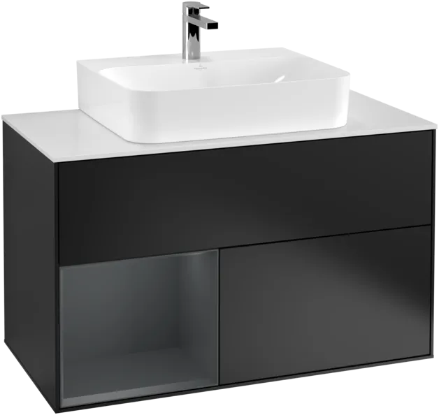 VILLEROY BOCH Toaletní skříňka Finion, s osvětlením, 2 výsuvy, 1000 x 603 x 501 mm, černý matný lak / půlnoční modrý matný lak / bílé matné sklo #F111HGPD