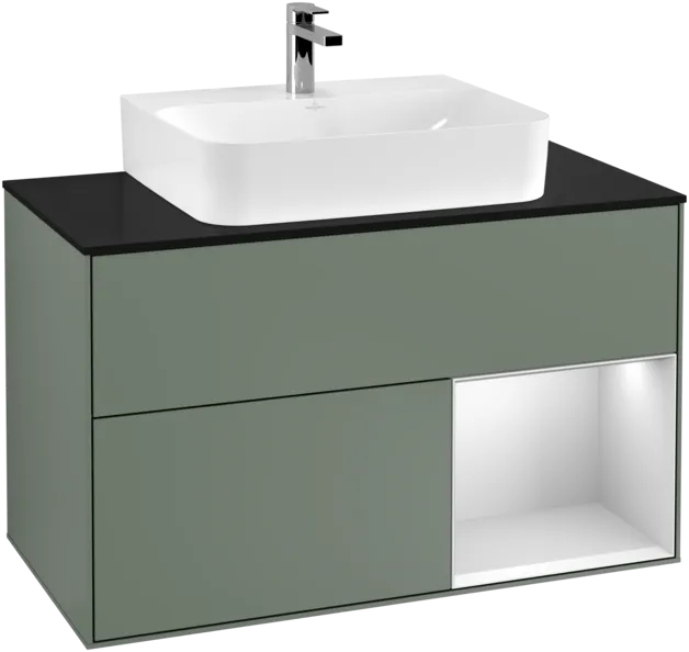 VILLEROY BOCH Toaletní skříňka Finion, s osvětlením, 2 výsuvy, 1000 x 603 x 501 mm, olivový matný lak / bílý matný lak / černé matné sklo #F122MTGM