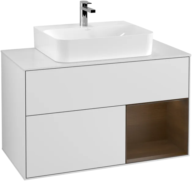VILLEROY BOCH Toaletní skříňka Finion, s osvětlením, 2 výsuvy, 1000 x 603 x 501 mm, bílý matný lak / ořechová dýha / sklo bílé matné #F121GNMT