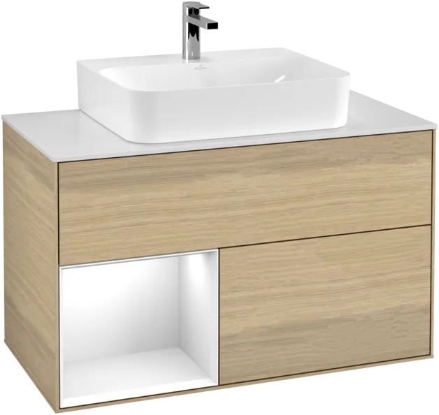 VILLEROY BOCH Toaletní stolek Finion, s osvětlením, 2 výsuvy, 1000 x 603 x 501 mm, dubová dýha / lesklý bílý lak / sklo bílé matné #F111GFPC, obrázek 1