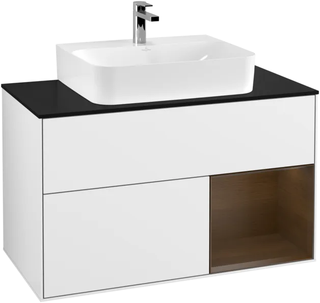 VILLEROY BOCH Toaletní skříňka Finion, s osvětlením, 2 výsuvy, 1000 x 603 x 501 mm, lesklý bílý lak / ořechová dýha / černé matné sklo #F122GNGF